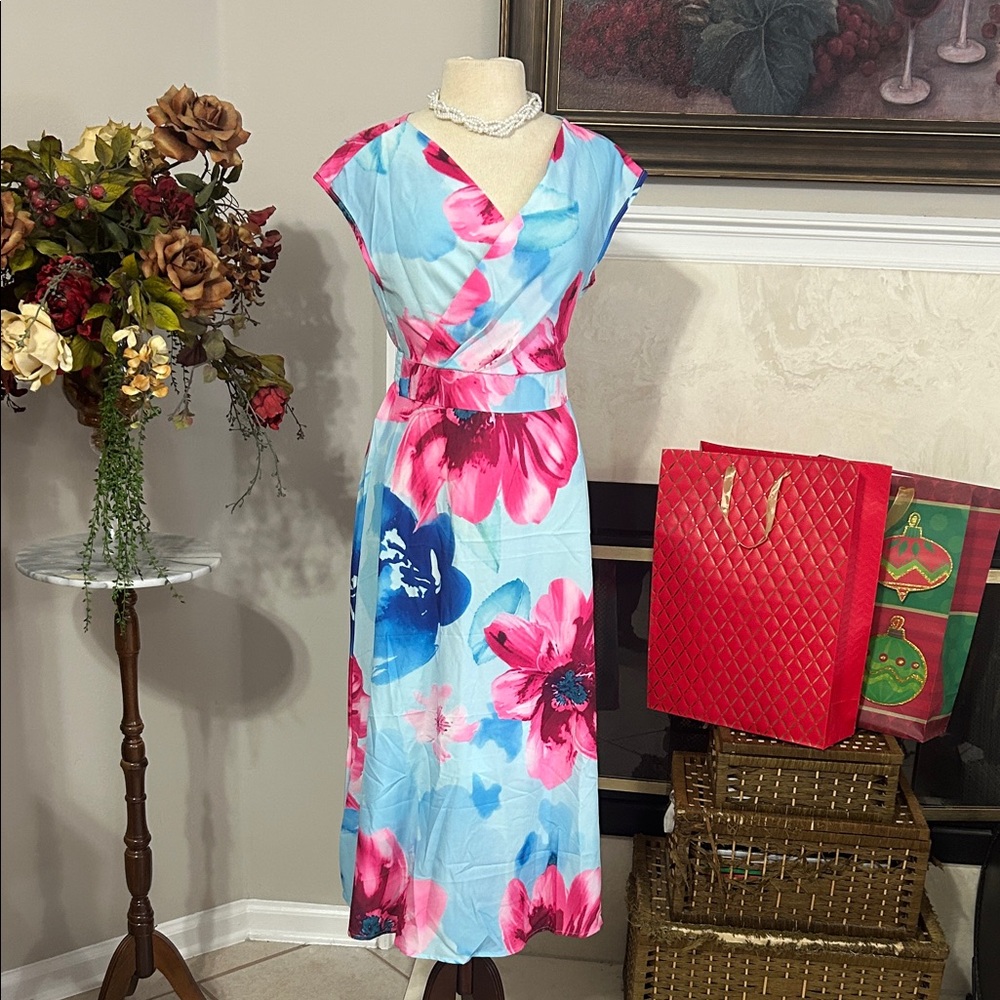 Floral Wrap Dress in Blue and Pink